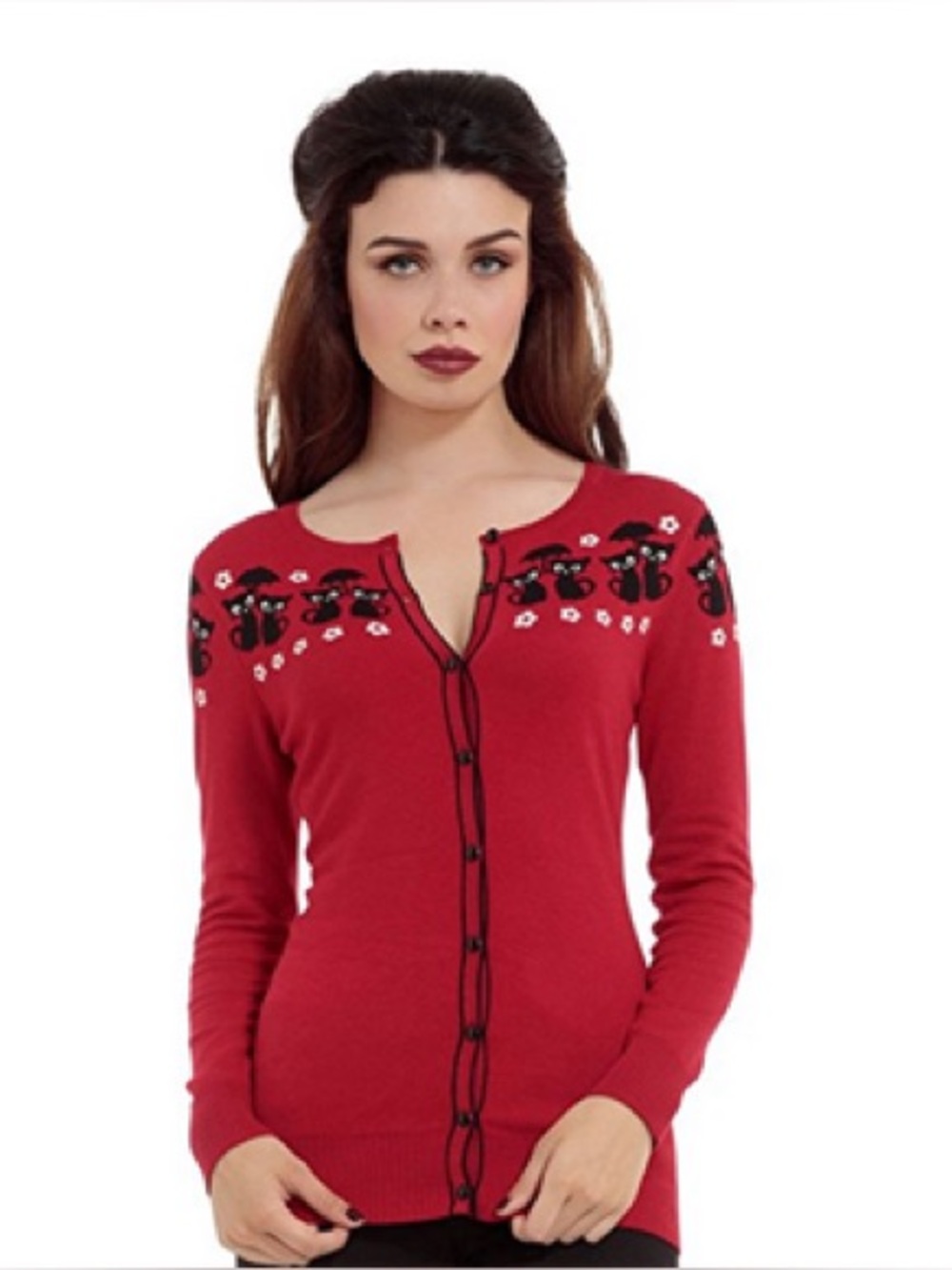 Voodoo Vixen Cat Button Up Knit Cardigan Rockabilly Pin-Up Red Black Size M